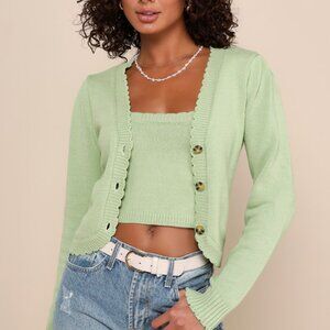 Lulus Green Knit Cropped Tank Top and Cardigan Set